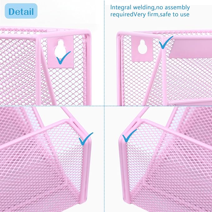 5 Pockets Mesh Wall File Holder Organizer with Bottom Flat Tray, Office Hanging File Folder Magazine Rack, Nametag Label Hooks Set Included, Pink