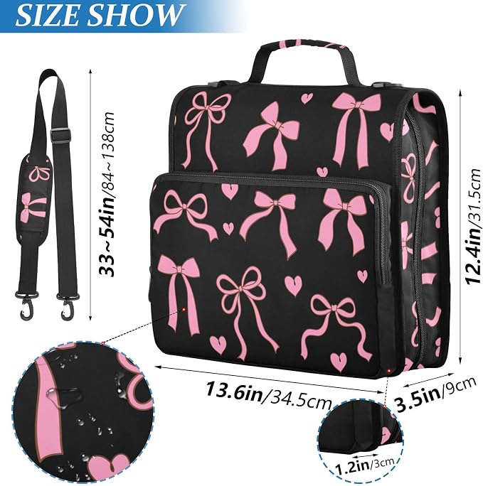 Bows Hearts Pink Black Zipper Binder with Shoulder Strap Trapper Keeper 3 Ring Binder Organizer Large Capacity Multiple Compartments for School Office
