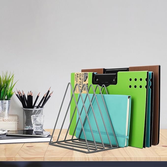 Vinyl Record Holder Storage, 9 Slot Metal Magazine Book Album Display Rack, Stylish Triangle Desktop File Sorter Organizer for Home Office, Grey