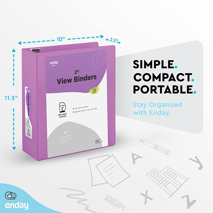 Enday 2 inch 3 Ring Binder (24 Pack - Purple) Binder 2 inch with Clear View Cover and 2 Inside Pocket - for Letter Size 8.5 x 11'' Paper, Ideal for School Supplies, Office, and Home