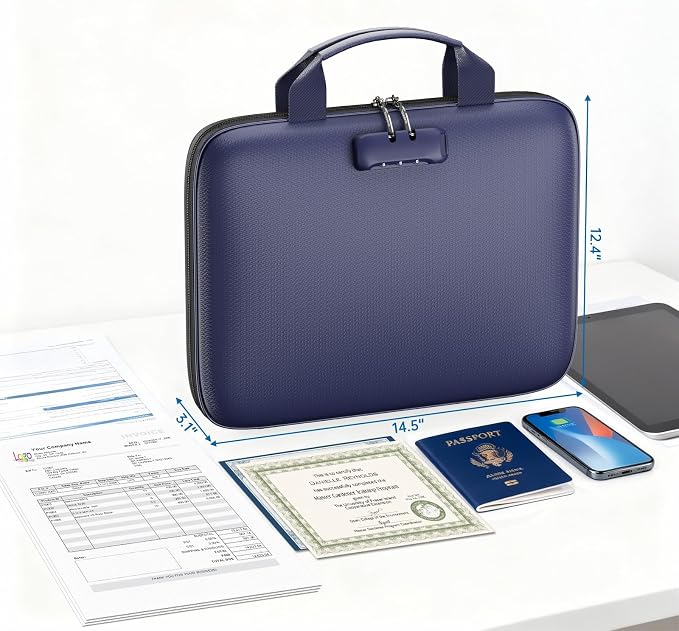 Fireproof Binder Organizer with 20 Pack Binder Pockets & Lock,Blue | Important Document Box with Zipper,Water Resistant Hard Case, Portable Home Office Safe Storage Protection for Letter Size