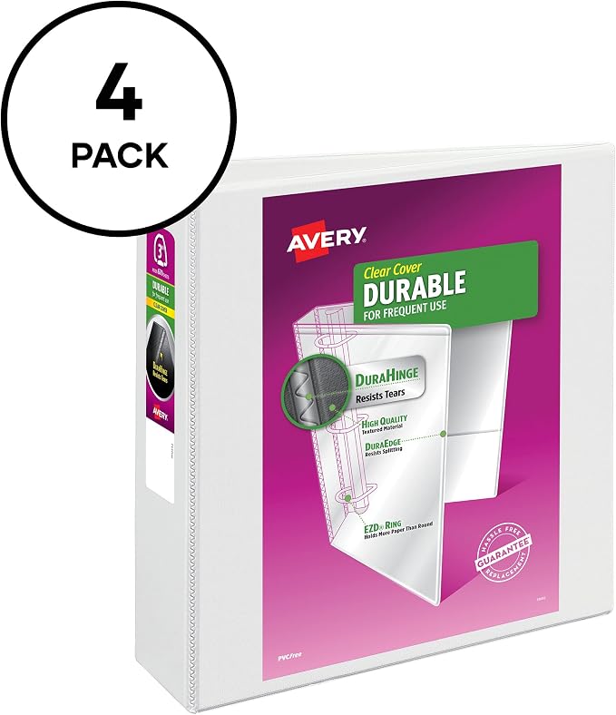 Avery Durable Clear View 3 Ring Binders, 3 Inch Binder Rings, 4 White Binders (09203)