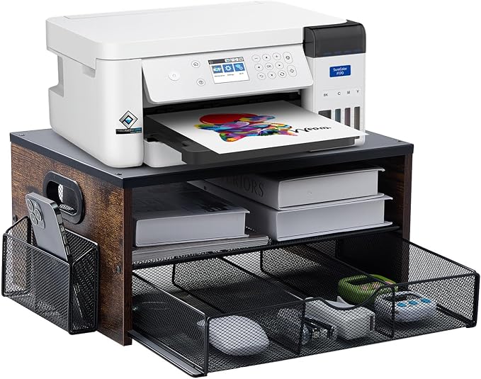 Printer Stand,Desktop Printer Stand with 2-Tier Storage Shelves | for Home Office，Desk Organizer with Drawer and 2 Pen Holders for Fax Machine Scanner Files