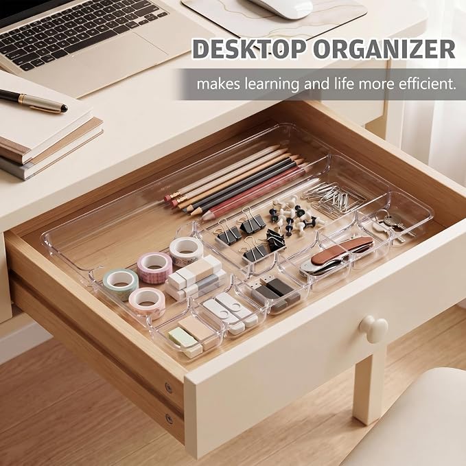 2 Pcs Desk Drawer Organizer Tray 14" x 9" x 1",Clear | Shallow Desk Drawer Organizer with 9 Storage Compartments for Home Office Classroom School Organizing Pens Paper Clips