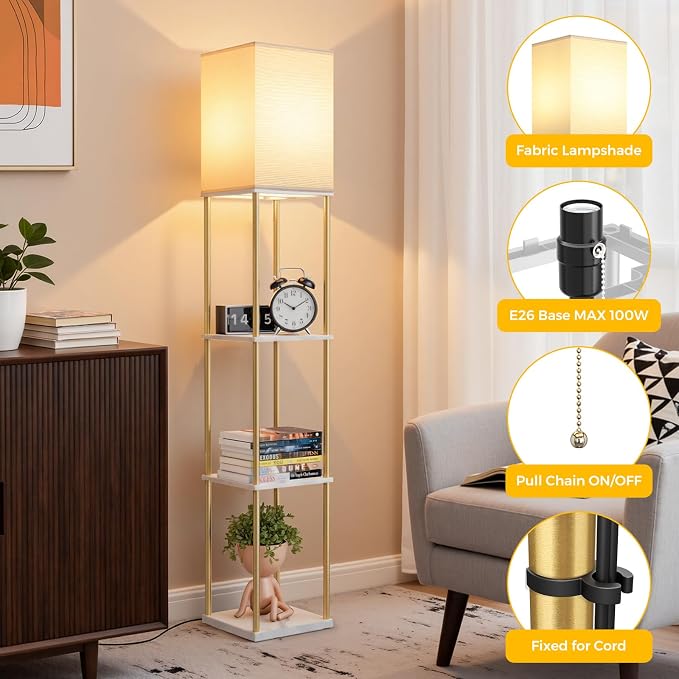 Floor Lamp with Shelves, 3-Tier Square Bookshelf Standing Lamp White & Gold | 3 Color Temperature Bulb Included, Pull Chain Mid Century Tall Lamp for Living Room Bedroom Corner Office Apartment Decor
