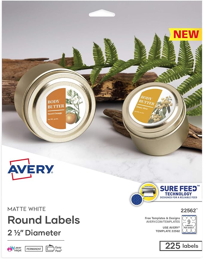 Avery Printable Blank Round Labels, 2.5" Diameter, Matte White, 225 Customizable Labels (22562)