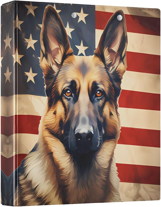 3 Ring Binder Dog German Shepherd American Flag 1.5" Round Ring Binders View Binder with 200 Sheet for Kids School Supplies Women Men Office, 1 Pack