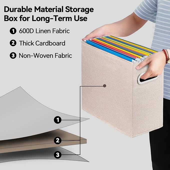 4 Pack Letter Size File Storage Box Collapsible, Fabric Hanging File Folders Organizer, Portable Office Document Holder with Metal Handle, Smooth PVC Rails, Beige