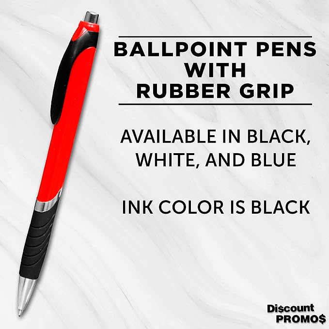 DISCOUNT PROMOS Ballpoint Pens With Rubber Grip - 10 pack - Black Ink Ball Point Pen with Soft Touch Plastic - Red