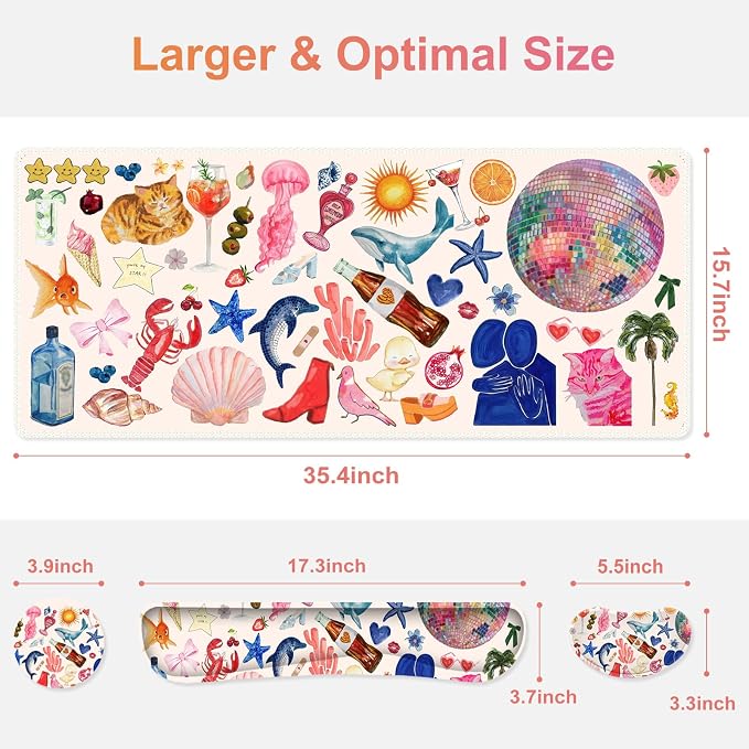 Large Gaming Mouse Pad Set, 4 in 1 Ergonomics Keyboard Desk Mat with Memory Foam Wrist Rest, Computer Extended Game Mousepad, Non-Slip Desk Matt Easy Typing Pain Relief I Colorful Stickers