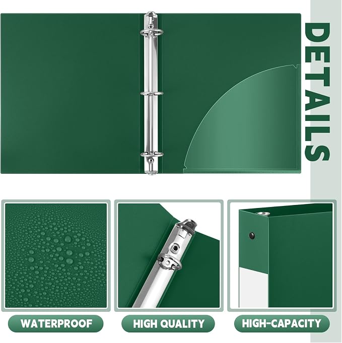 Henoyso 12 Pcs 1.5 Inch 3 Ring Binders, Letter Size,Dark Green | Binders Bulk, Holds 350 Sheets, Round Rings, Durable Flexible PP Plastic Covers, Pockets Labels, School Office Supplies