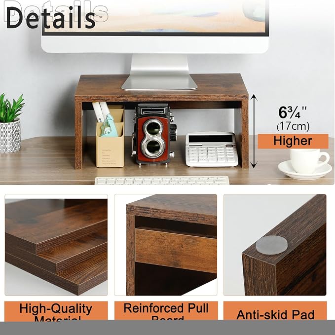 TEAMIX 6.7 inch Tall Monitor Stand Riser, Wood Shelf Riser, Desk Organizer | Laptop/Printer/Computer Stand, Extra Storage Underneath,Hold 80 Lbs, Rustic Design, Smooth Espresso Finish, for Home Office