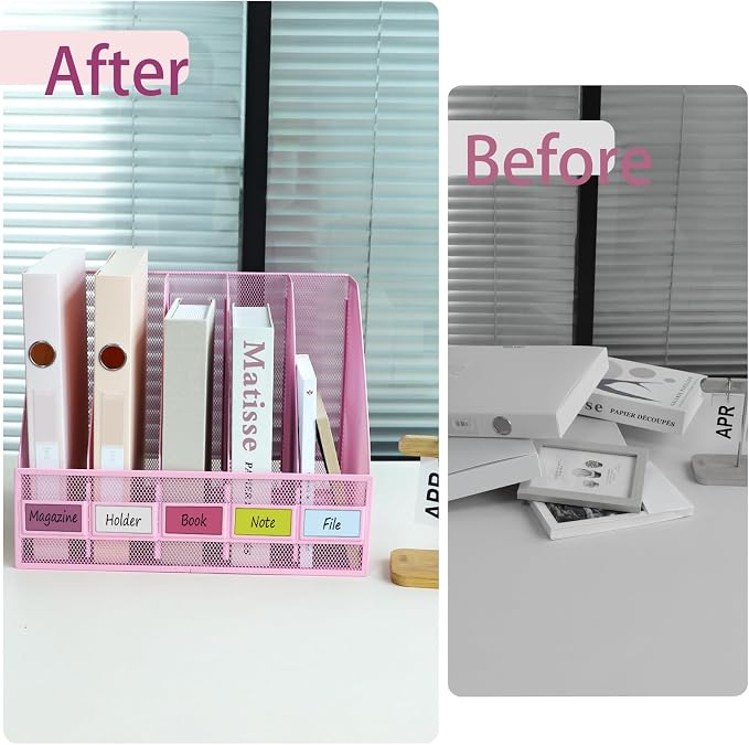 Desk Organizers, Metal Magazine File Holder with 5 Vertical Compartments Rack Binder File Organizer for Office Supplies, Home Workspace - Pink