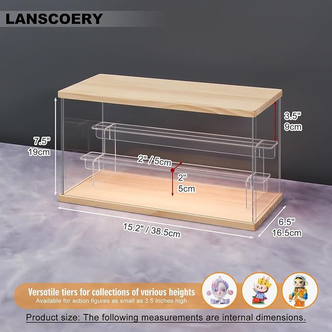 LANSCOERY LED Lighted Acrylic Display Case, 3 Tier Display Box for Collectibles and Action Figures, Clear Dustproof Organizer with Wooden Base – 15.2x6.5x7.5inch