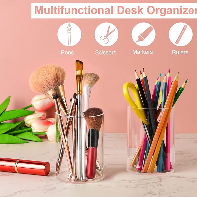 Mototo 4 Pieces Clear Acrylic Pen Holder Round Acrylic Pencil Cup Clear Makeup Bush Holder Acrylic Desktop Stationery Organizer for Office School Home Desk Accessories (4 Pack, Round)