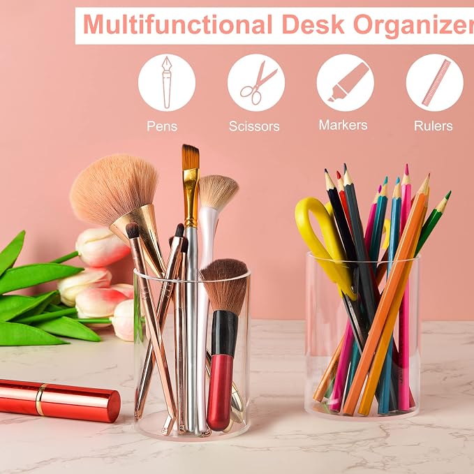 Mototo 2 Pieces Clear Acrylic Pen Holder Round & Pencil Cup Clear Makeup Bush Holder Acrylic Desktop Stationery Organizer for Office, School, Home, Desk Accessories - 2 Pack, Round