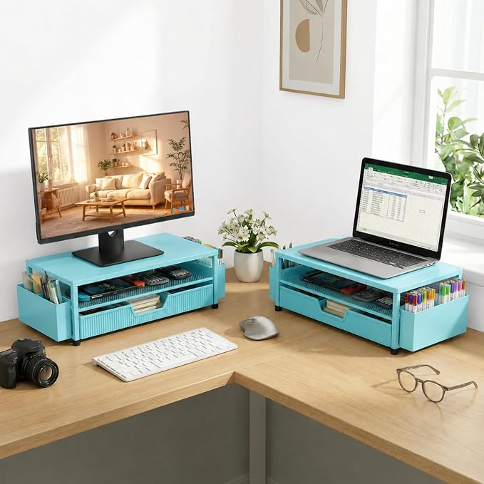 ECOLOVI Desk Organizer and Accessories, 2-Tier Computer Monitor Stand Rise with Storage Drawer & 2 Pen Holders, Laptop & Printer Stand for Desktop, Workspace Organizers for Office Supplies (Blue)