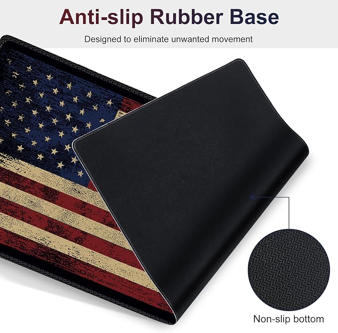 Desk Mat Pad, Gaming Mouse Pad Wrist Support Set, 4 in1 Non-Slip XXL Large Mousepad + Ergonomic Keyboard Wrist Rest+Mouse Wrist Rest+Coaster for Home Office PC Computer I Vintage American Flag