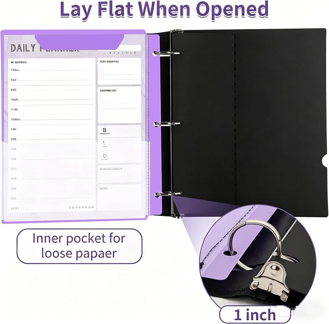360 Degree Pivotable Binder, Upgraded 3 Ring Binder 1 inch, Flexible Binders 3 Ring, Foldable Three Ring Binders, Purple