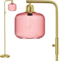 66" Dimmable Gold Standing Lamp with Pink Ribbed Glass for Living Room | Vintage Floor Lamp with Brushed Gold, Stepless Rotary Switch and 3000K LED Bulb, Arc Floor Lamp for Bedroom & Study Room