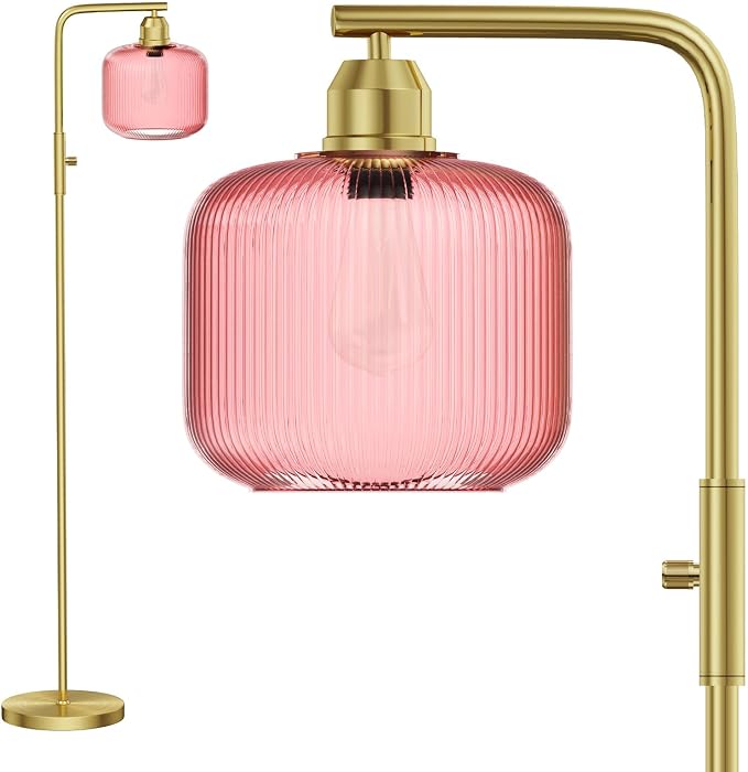 66" Dimmable Gold Standing Lamp with Pink Ribbed Glass for Living Room | Vintage Floor Lamp with Brushed Gold, Stepless Rotary Switch and 3000K LED Bulb, Arc Floor Lamp for Bedroom & Study Room
