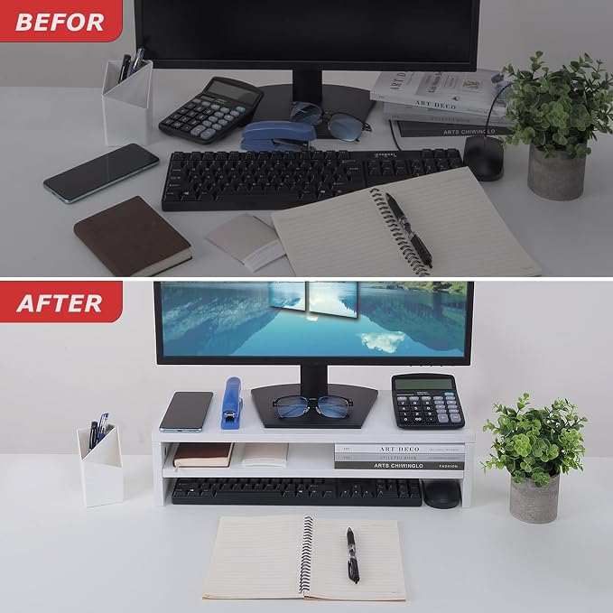 BEYGORM Monitor Stand Riser, White, 21.6 inch, 2 Tiers Wood Desk Shelf | For Full Keyboard, Computer Screen Stand with Storage for Desktop Laptop/Screen/TV/PC/Printer 21.6"L x 7.8"W x 5.2"H