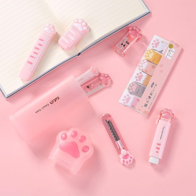 9 Pcs Cute Cat Paw Stationery Set Kawaii School Supplies Including Pencil Sharpener Retractable Eraser Correction Tape Sticky Notes Ruler Mini Scissors Utility Knife for Cat Lovers Students (Pink)
