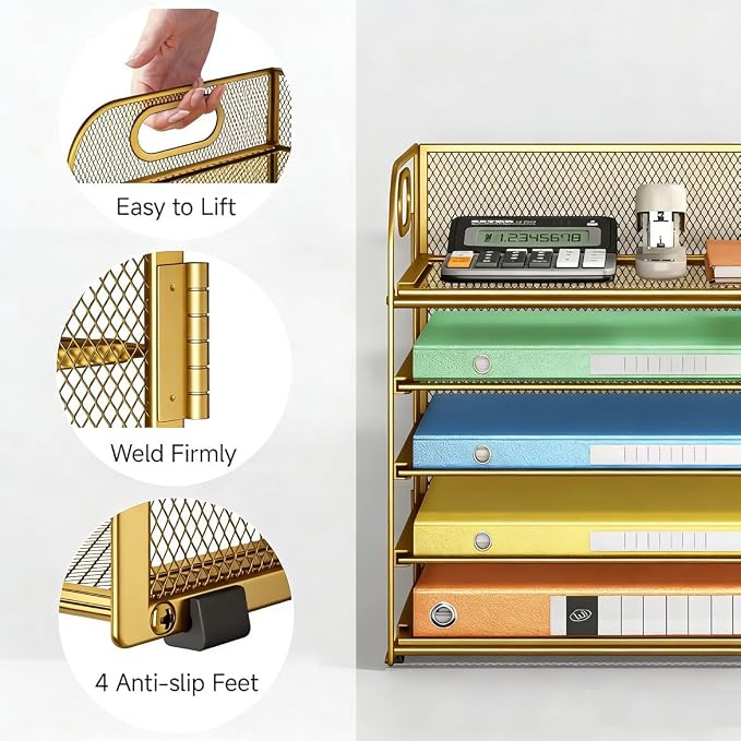 Lavatino Desk Paper Organizer Trays, Gold 5-Tier Mesh File Folder Sorter with Handles, Letter Holder Organizer for Office, Home, School Supplies Storage & Organization