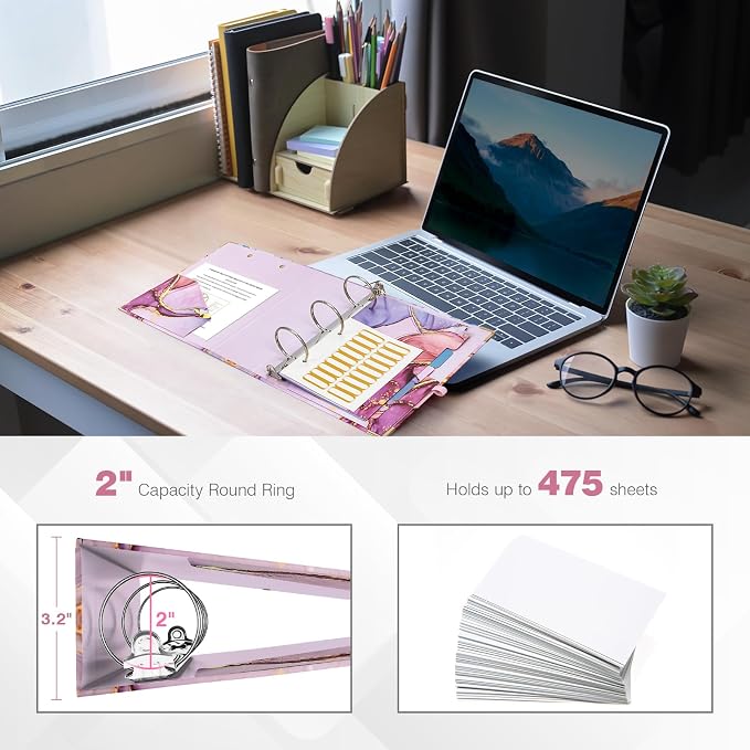 Ospelelf Mini 3 Ring Binder, 2 Inch, Cute Pink Marble Binder for 5.5" x 8.5" with 5 Tab Dividers, File Folder Labels and Low Profile Clipboards