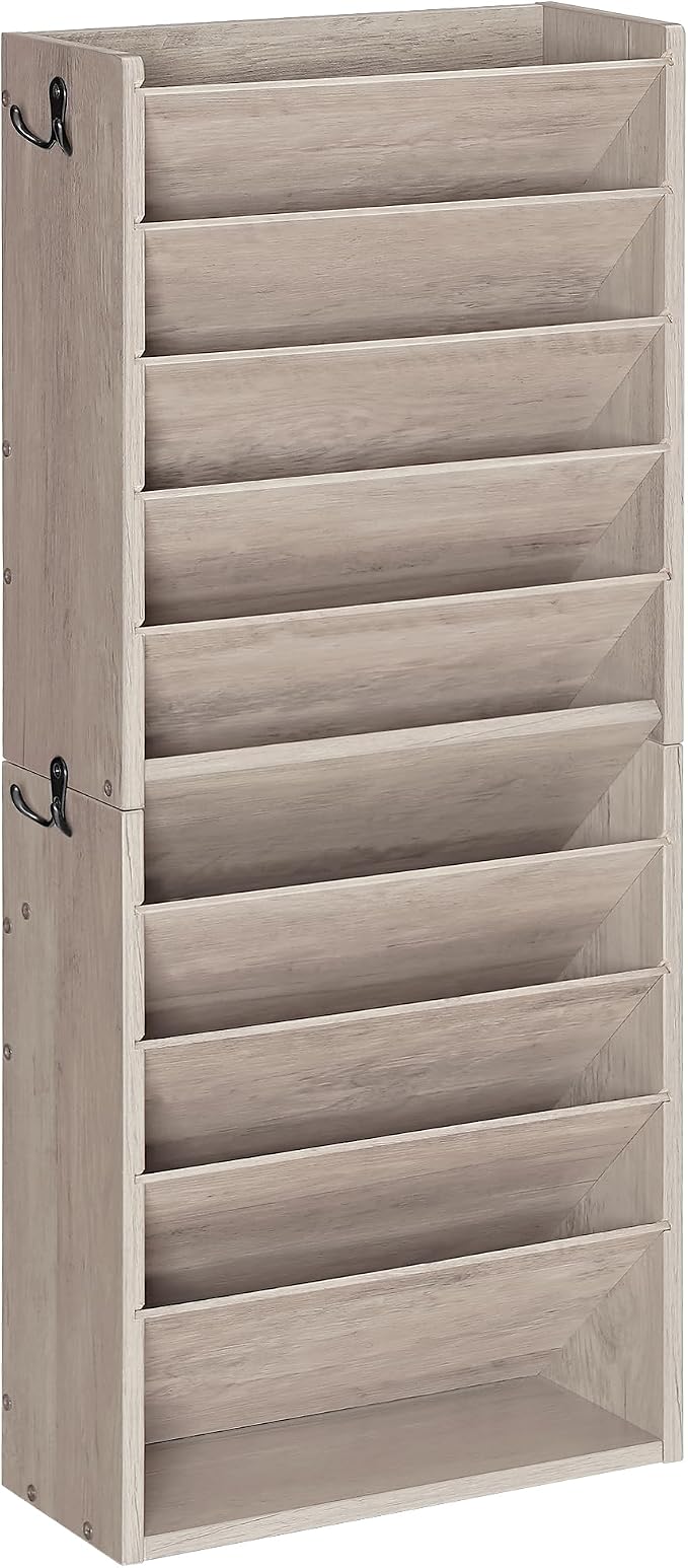 Wall File Organizer, 10-Tier Hanging Mail Organizer, Wall Mount File Holder with 4 Side Hooks, Industrial Mail and Storage Organizer, Wooden Vertical Hanging Holder for Office, Greige MWJ03FH
