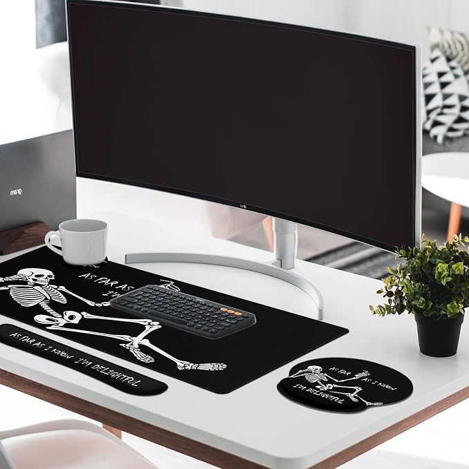 Keyboard Mouse Pad Set, 4 in 1 Desk Mat Set, Skull Skeleton Black | Large Mousepad+Keyboard Wrist Rest+Mouse Wrist Rest+Coaster Ergonomic Design for Home Office Computer