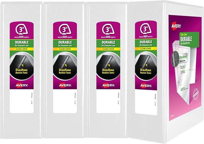Avery 3 Ring Binder 3 Inch Slant Rings Durable View, White Binder for Home, Office, or School Use, 4 Pack (17030)