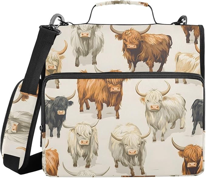 ALAZA Zipper Binder 3 Ring Neutral Colors Highland Cows Binder Organizer with Zipper and Shoulder Strap Large Capacity Multi-Pocket Trapper Keeper File Folder for Office Supplies