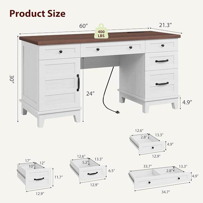 IDEALHOUSE Farmhouse Executive Desk 60 Inch, Wooden Home Office Desk with Adjustable Storage Cabinet, Built-in Charging Port, File Cabinet for Writing & Study, Elegant Workstation, Brownish White