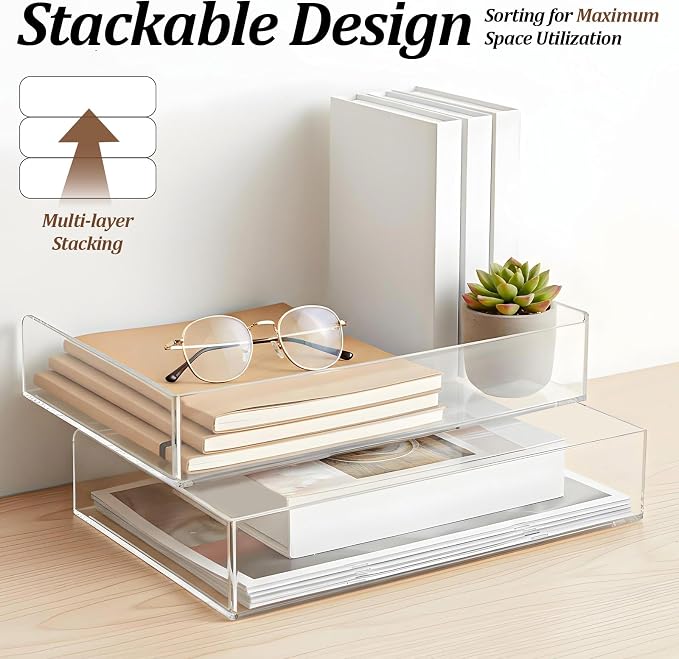 2 Pack Clear Acrylic Stackable Paper Letter Tray Organizer Desktop File Organizer for Office Workspace Document Storage, 12.4x8.7x2.75 Inch