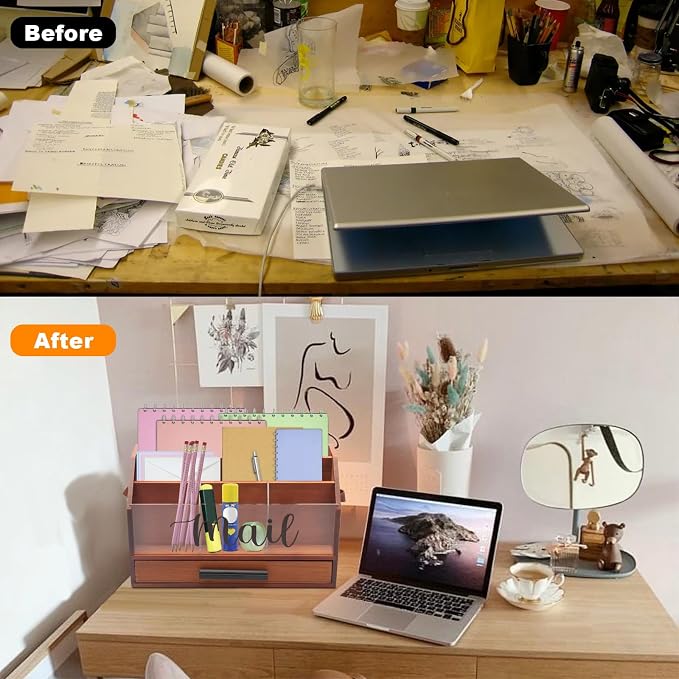 Wood Desk Organizer with Drawer, Bill Mail Organizer Countertop Workspace Organizers for Office Supplies Desk Organization Letter Holder