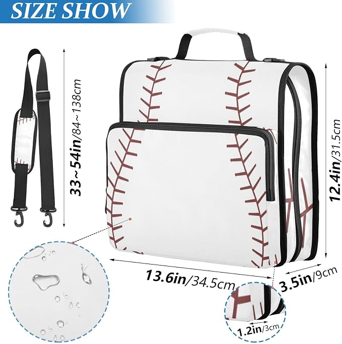 ALAZA Zipper Binder 3 Ring Baseball Red Lace Binder Organizer with Zipper and Shoulder Strap Large Capacity Multi-Pocket Trapper Keeper File Folder for Office Supplies