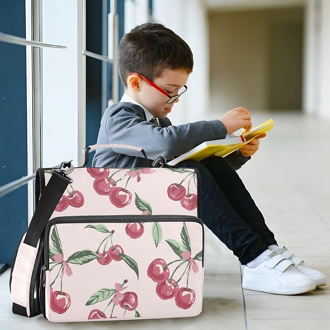 Cherry Leaves Pink Bows Zipper Binder with Shoulder Strap Bag 3 Ring Binder Organizer Large Capacity Multiple Compartments for School Office