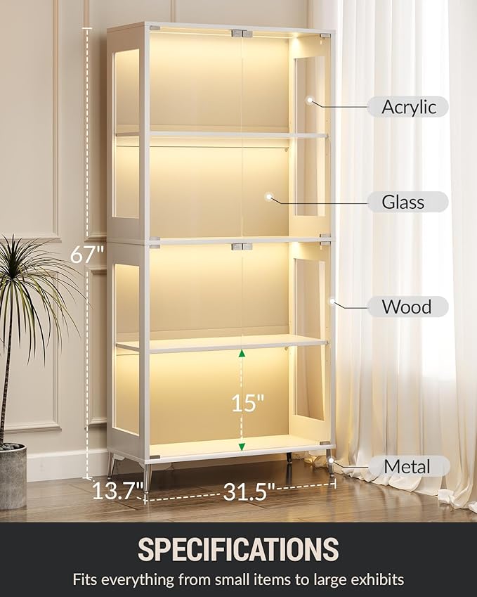Display Cabinet with Glass Doors, 4-Tier Curio Cabinet, Adjustable Shelves, 60,000 Color Lights for Collectibles, Glass Display Case with App & Remote Control, Bookcase, Storage Cabinet, White