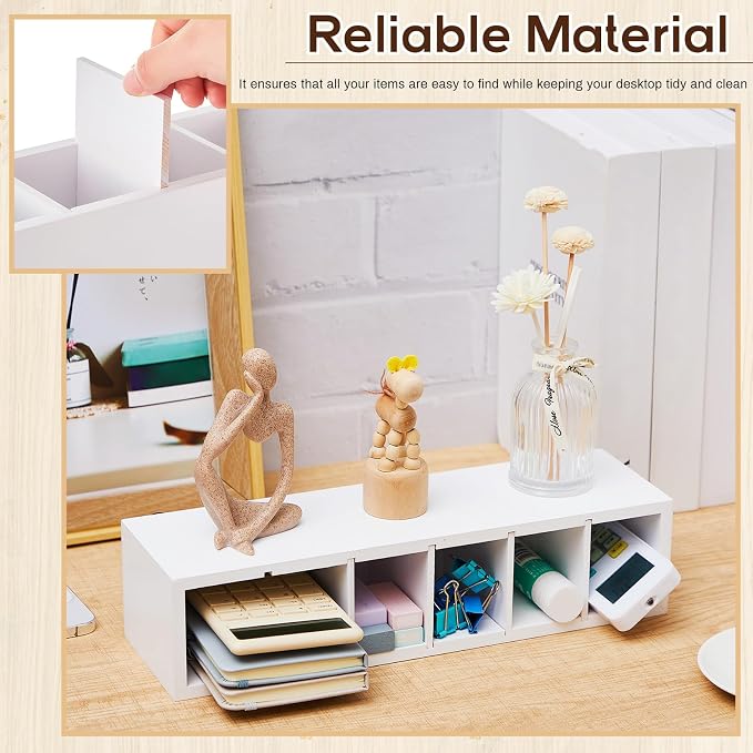 Jetec Wooden Pencil Pen Holder for Desk 6 Compartments Cosmetic Makeup Brush Stationery Office Desktop Organizers for Countertop Adjustable Silverware Caddy for Party, Art Supplies,Home(White)