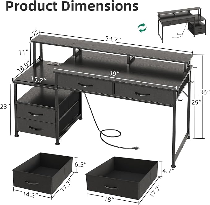 MUTUN 53" Computer Desk with 4 Drawers & Power Outlets, Reversible Home Office Desk with Monitor Stand & Printer Stand, Gaming Desk with Led Lights, Study Writing Work Desk Table for Bedroom (Black)