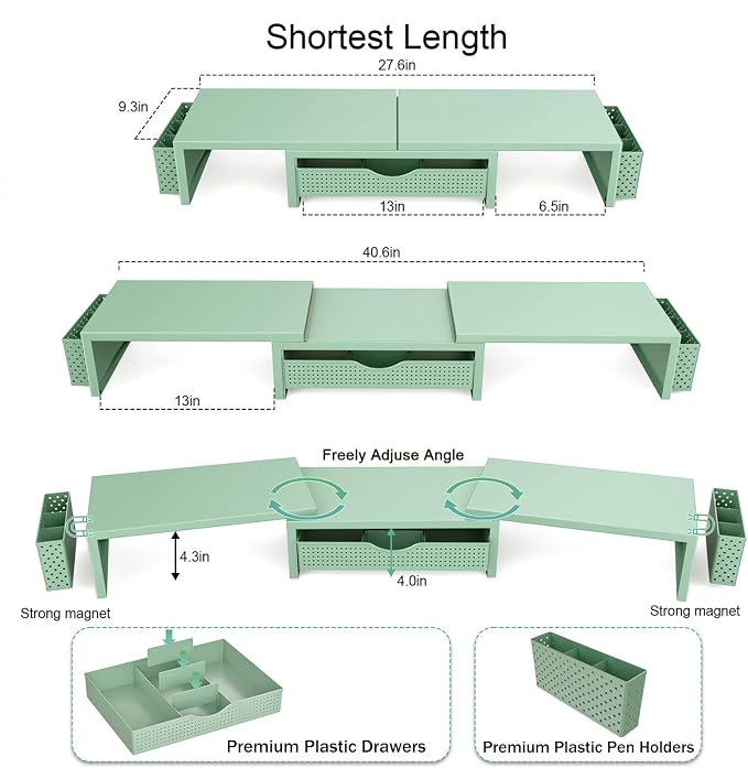 gianotter Dual Monitor Stand Riser With Drawer and 2 Pen Holders | Desk Organizer and Accessories Computer Monitor Stand, Desk Shelf for Top of Desk (Sage Green)