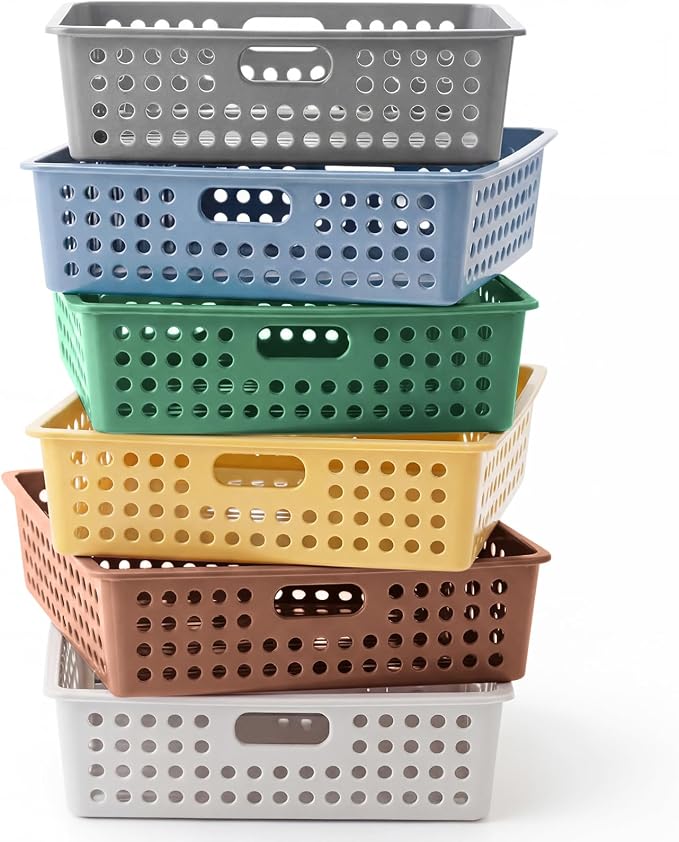 Geetery 6 Pack Classroom Storage Baskets with Handle 14''x10'' Paper Tray Holds A4 Turn in Trays Plastic Paper Baskets Desk Organizer Bin for Classroom, Library, Office, Home (Cottage Color)