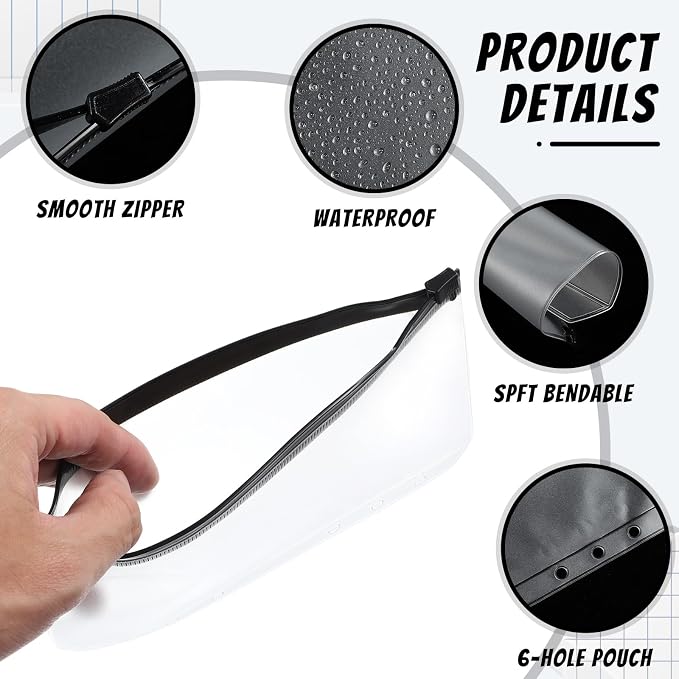 Zonon 30 Pcs A6 6 Rings Black Zipper Binder Pouches Clear Binder Pockets with Zipper Folders Waterproof PVC Loose Leaf Bags Filling Bags for Pen Pencil Notebooks File Document