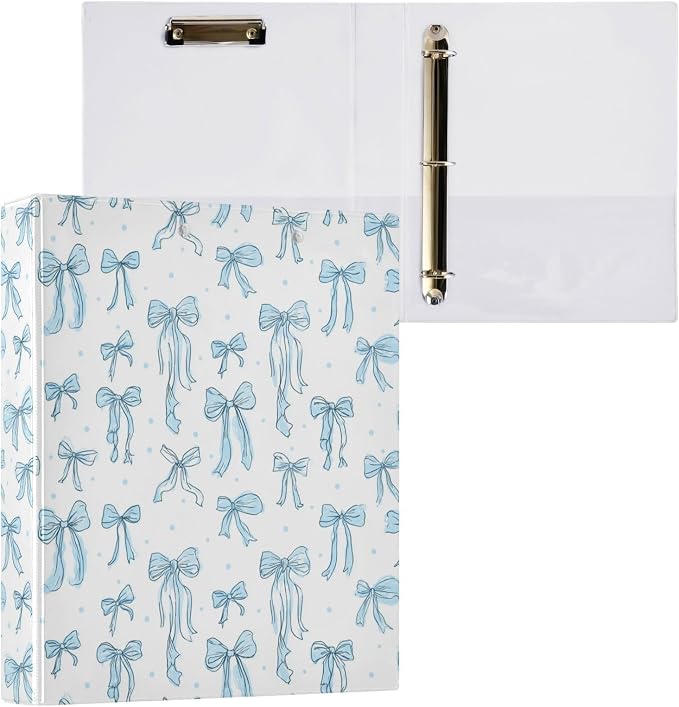 Aslsiy Doodle Bow Knots Blue 3 Ring Binder 1.5 Inch Coquette Round Clipboard Binder Decorative Harcover Binders Organizer for Office Supplies