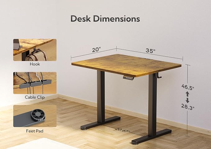 Claiks Electric Height Adjustable Standing Desk, 35x20 Inch, Rustic Brown | Smooth Height Adjustment, 3 Memory Presets, Cable Management Hub&Hook, Stable Steel Frame, 176lbs Capacity, Easy Assembly
