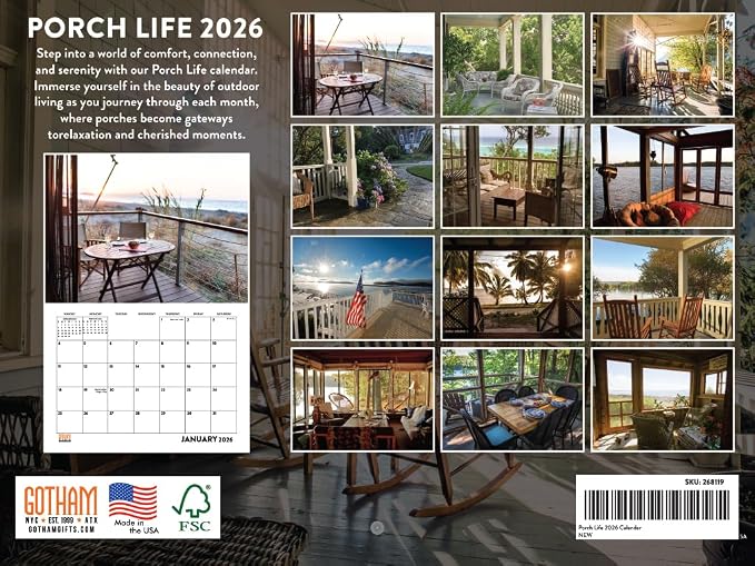 Porch Calendar 2026 Porches Monthly Wall Calender 12 Month | American Made In The USA