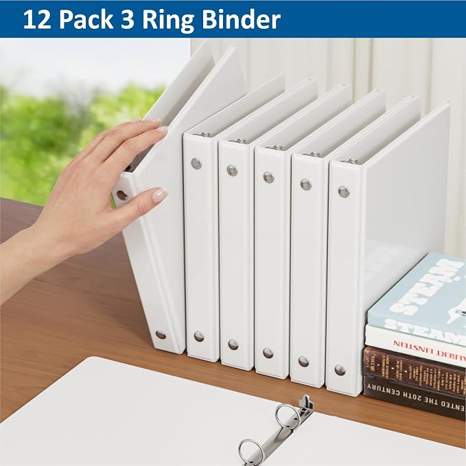 3 Ring Binders, 1" Round Rings 12 Pack, Fits 8.5x11in, View 2 Pocket, White | for 8.5x11 Inch Paper, for Customizable Covers, Three Ring, for School Office Business Supplies, White, 1 Inch