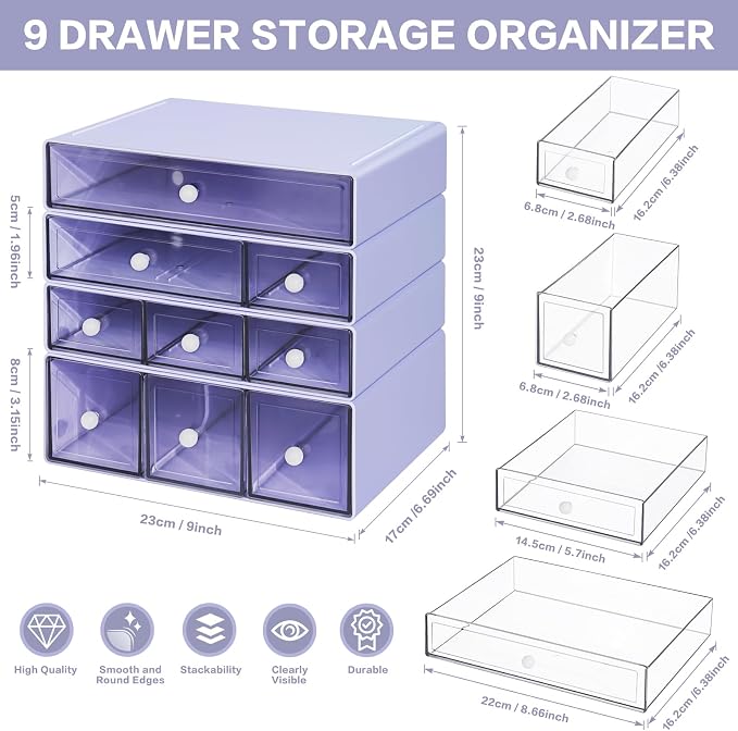 Desk Storage Organizer with 9 Drawers, 4 Tiers Stackable Desktop Craft Storage Drawers, Clear Storage Box Caddy for Stationary Makeup Jewelry Office Craft Supplies (Purple)