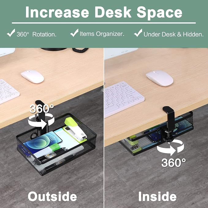 ROSYLINE Under Desk Storage Basket Hanging Drawer Tray, Clamp On Organizer | hickened C-Clamp, High Load No Deformation Sag-Proof, Steel Construction, Clip-On No Drill Mount, Office & Household Storage